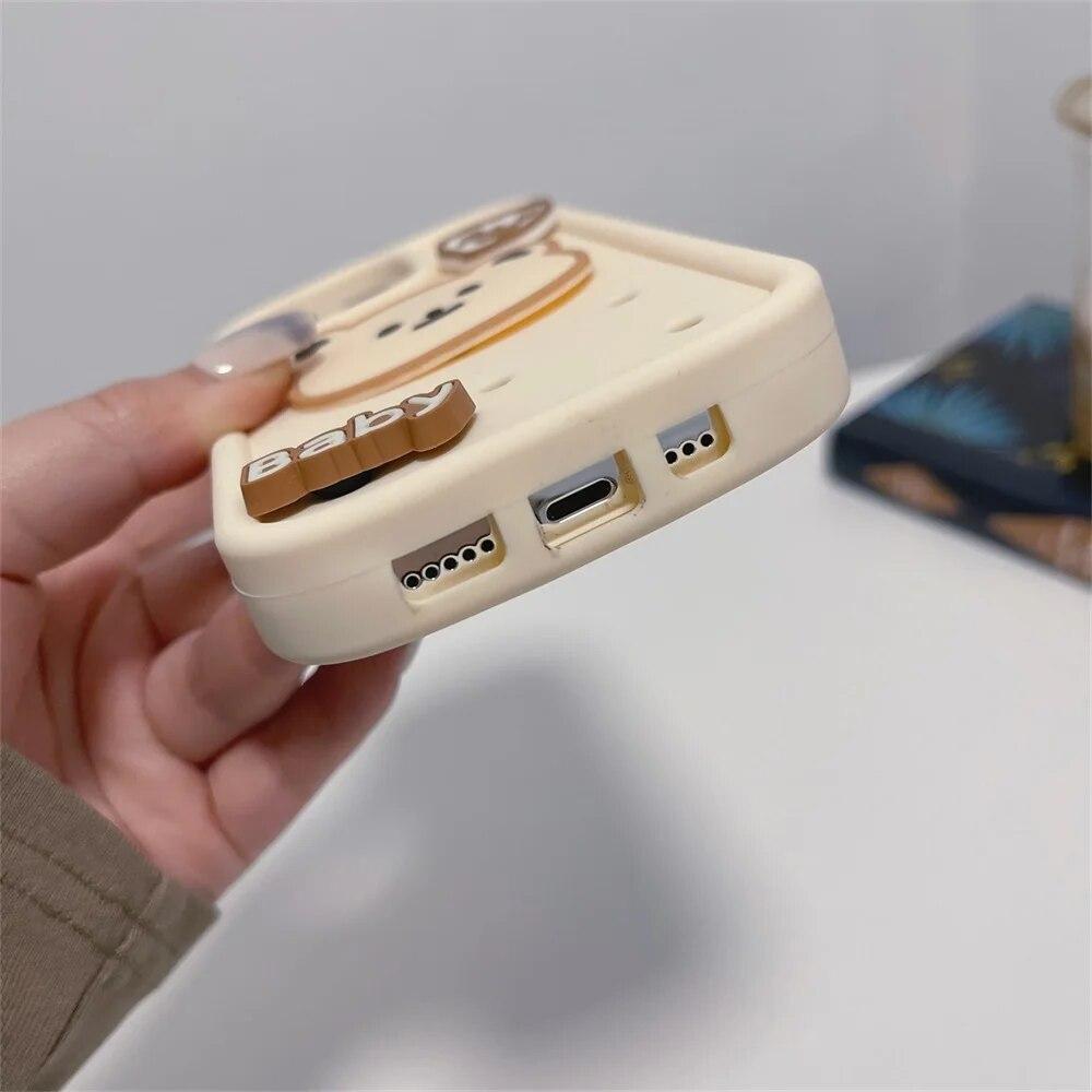 Capa de telefone coreana fofa com urso 3D café para iPhone 15 14 Pro Mac para iPhone 13 11 12 Pro Max capa protetora macia à prova de choque