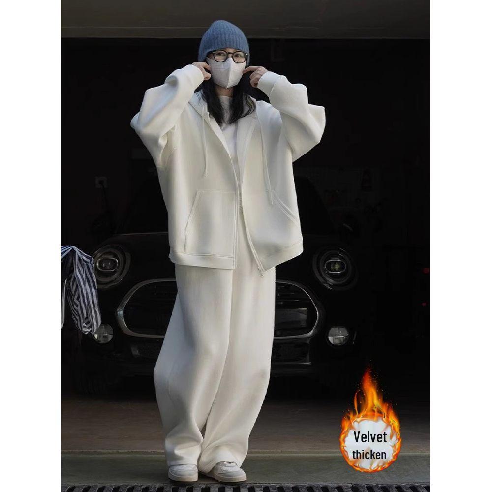 Women's 2025 Street Style Hoodie & Wide-Leg Pants, Autumn/Winter Thickened Casual Tracksuit Two-Piece Set