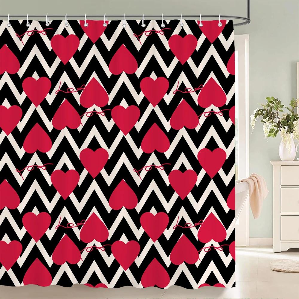 1Pcs Colorful Love Pattern Fabric Waterproof Shower Curtain, Home Decoration Romantic Heart Shape Bathroom Curtain, with Hooks