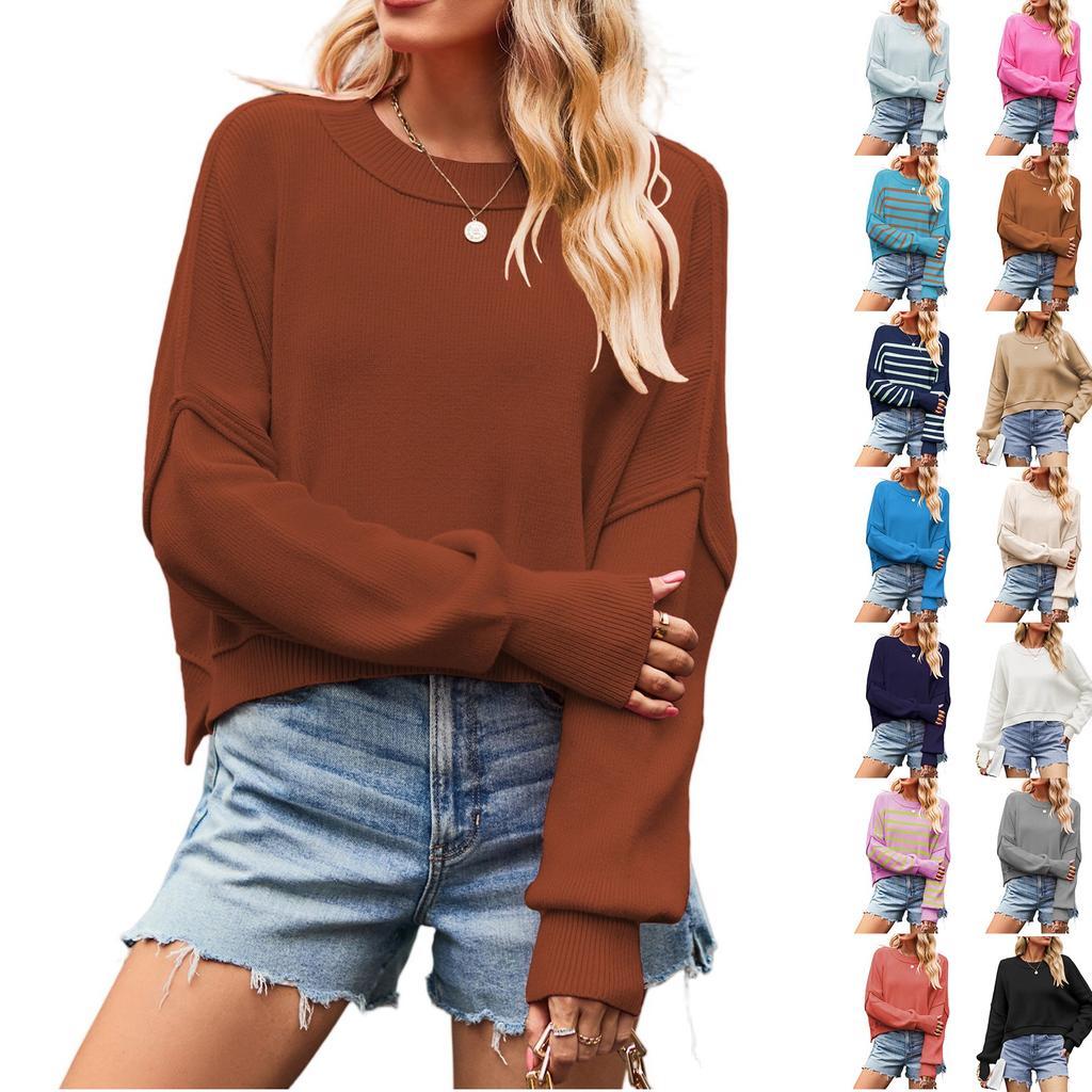 Women's Solid Striped Fashion Round Neck Knitwear Loose Pullover Sweater