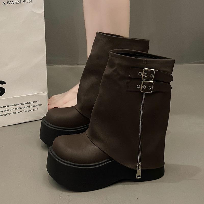 Small thick-soled heightening Martin boots women's new autumn sweet and cool wind big-headed trouser boots medium tube short boots