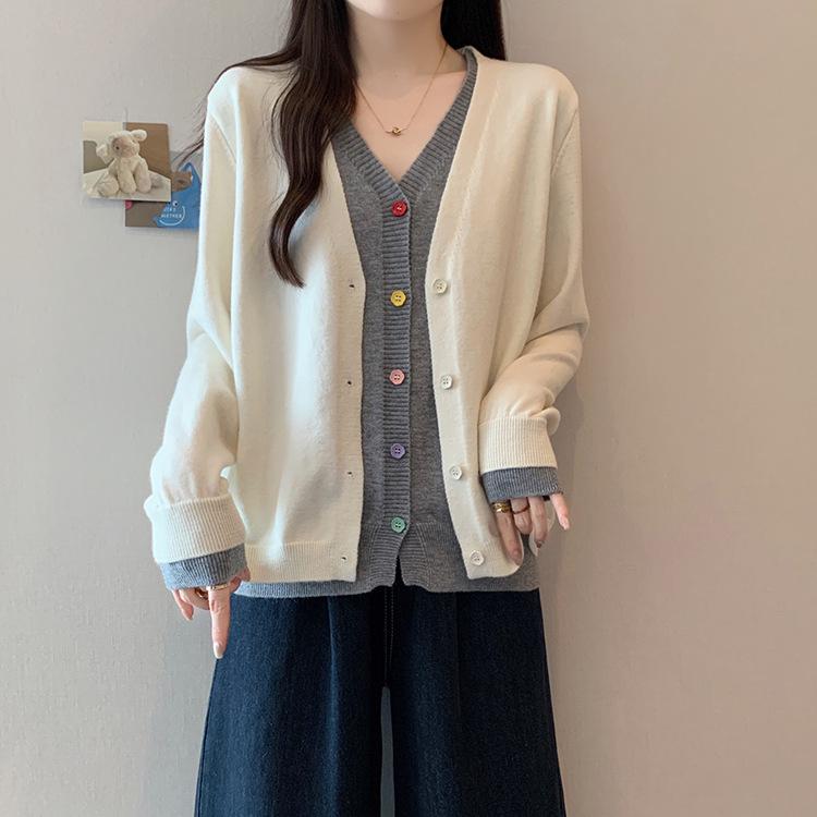 

New Plus Size Women s Color Block Button Knit Long Sleeve Top L абрикосовий