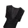 2024 Winter Black Sleeveless Mini Dress with Shoulder Pads and Sequin Embellishments