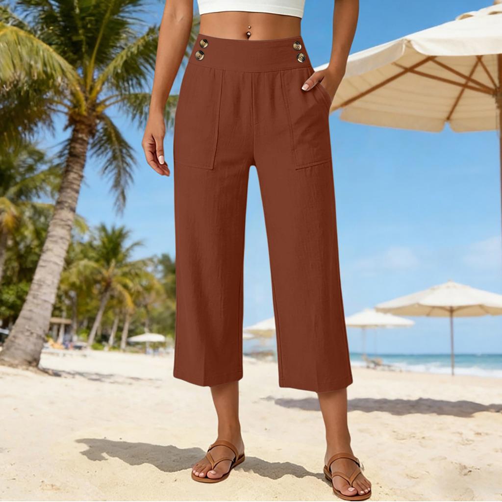 Women's Loose Fit Solid Color Straight Leg Elastic Waist Beach Capris Casual Pants with Button Detail and Side Pockets