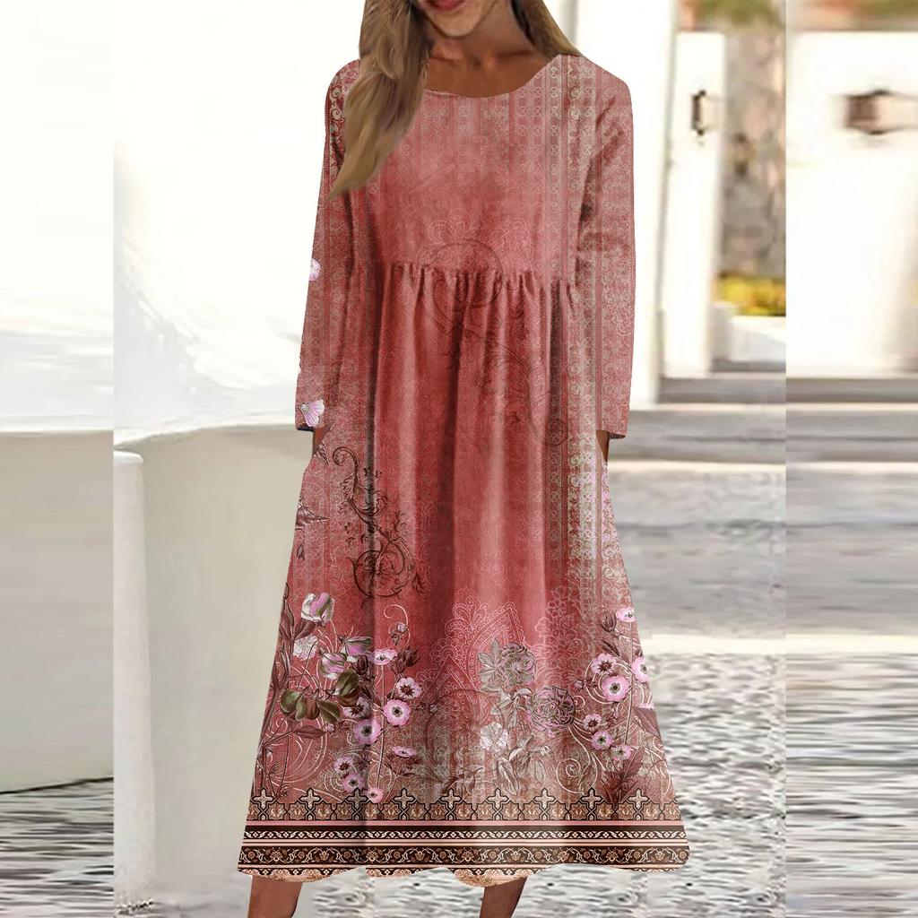 Women's Casual -neck Print Mid-length Dress Long-sleeved Pocket Dress