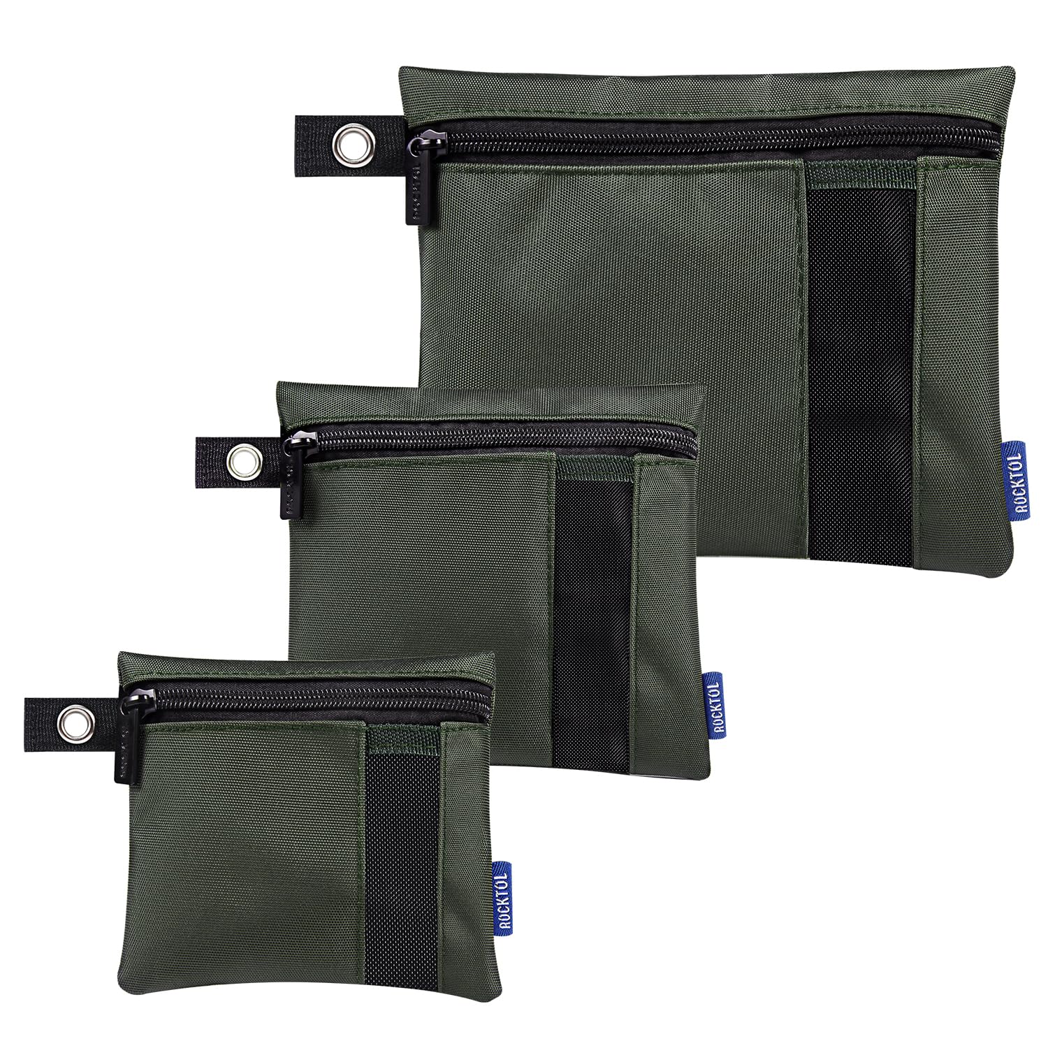 

ROCKTOL Tool Waterproof Utility Zipper Organizer 900D Nylon Tool Pouches with Mesh Windows and 1 Carabiner Bags, 3-Pack Pouches, Heavy-Duty D-Shaped зелёный