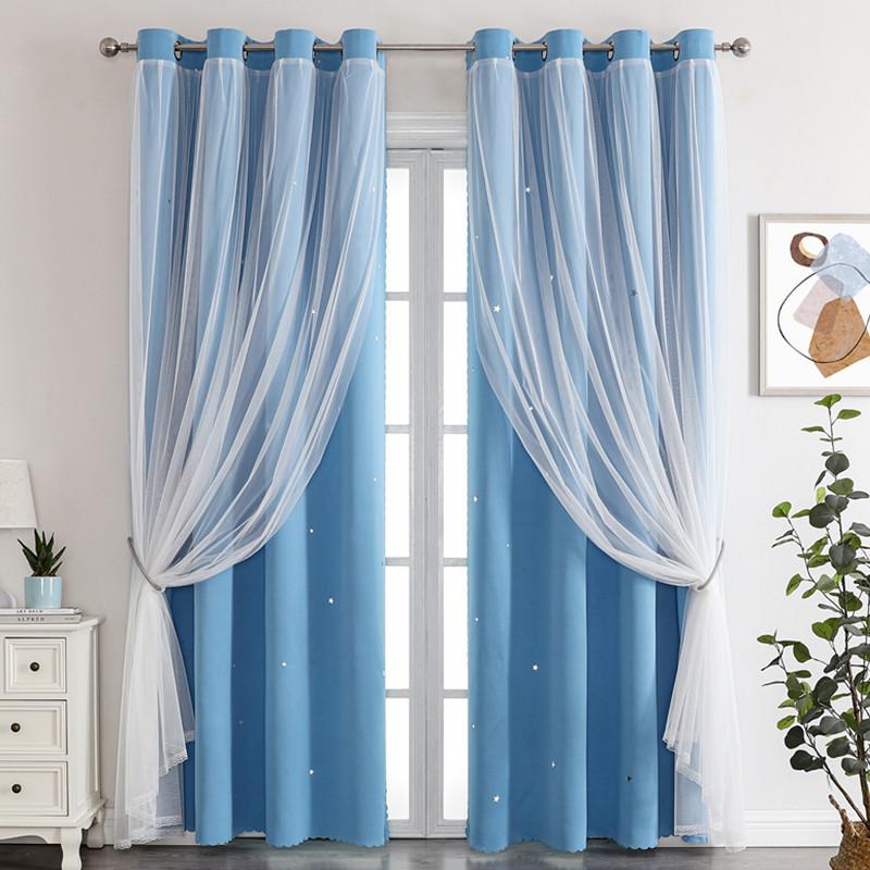 Lace Sheer+Blackout Curtains Double Layer Star-Pattern Drapes Sun Filtering Window Sheers Elegant Living Room Bedroom Decor