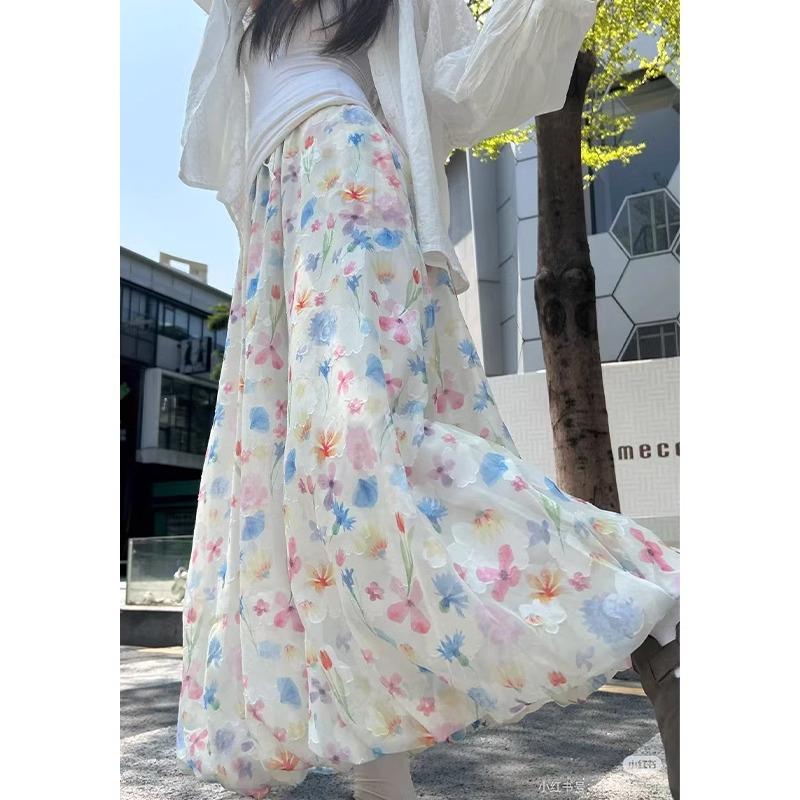 Falda de Capullo de Flor Hinchada para Mujer en Verano Delgada Nueva de Cintura Alta Línea A Floral de Colores Estilo Suave Falda de Longitud Media