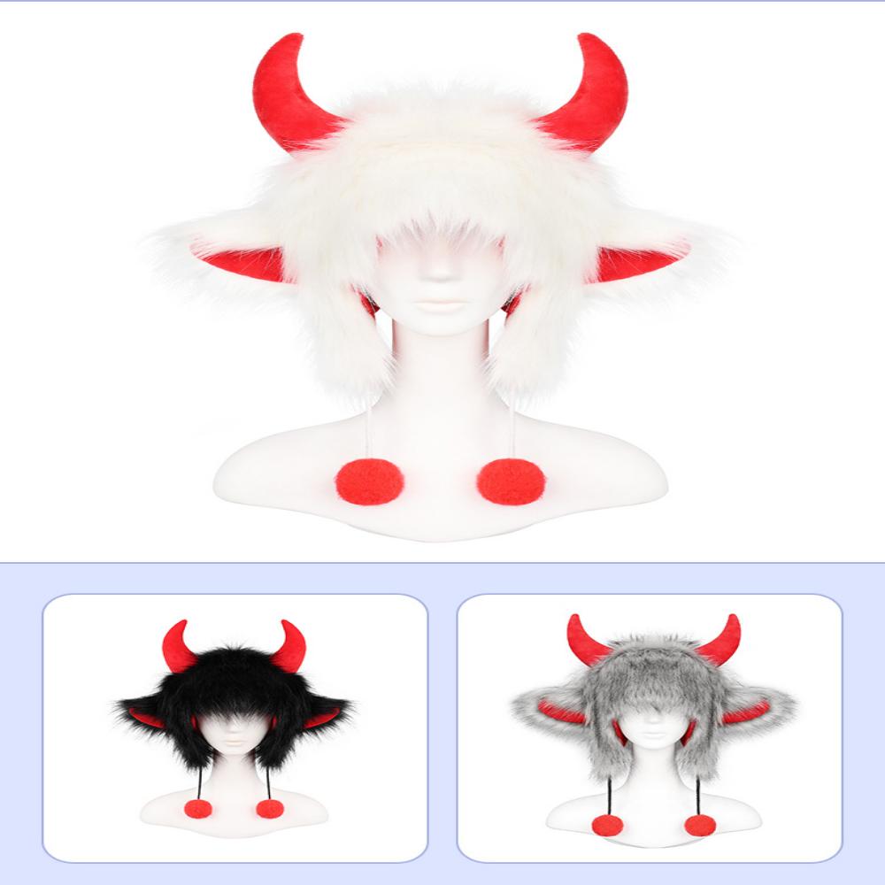 Winter Warm Hat Coral Fleece Halloween Party Hat Ear Hat Polar Fleece Bull Horn Cap For Halloween Party Womens Neck