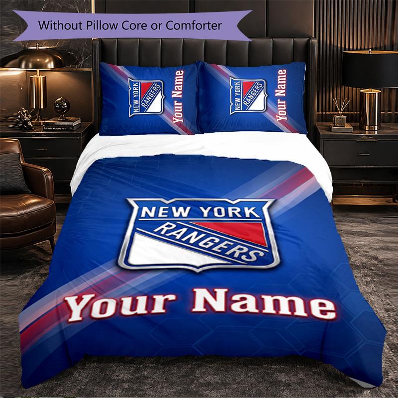 New York Rangers Customized Name Text Bedding Set, 1 Duvet Cover & 2 Pillowcases Personalized Bedroom Gift