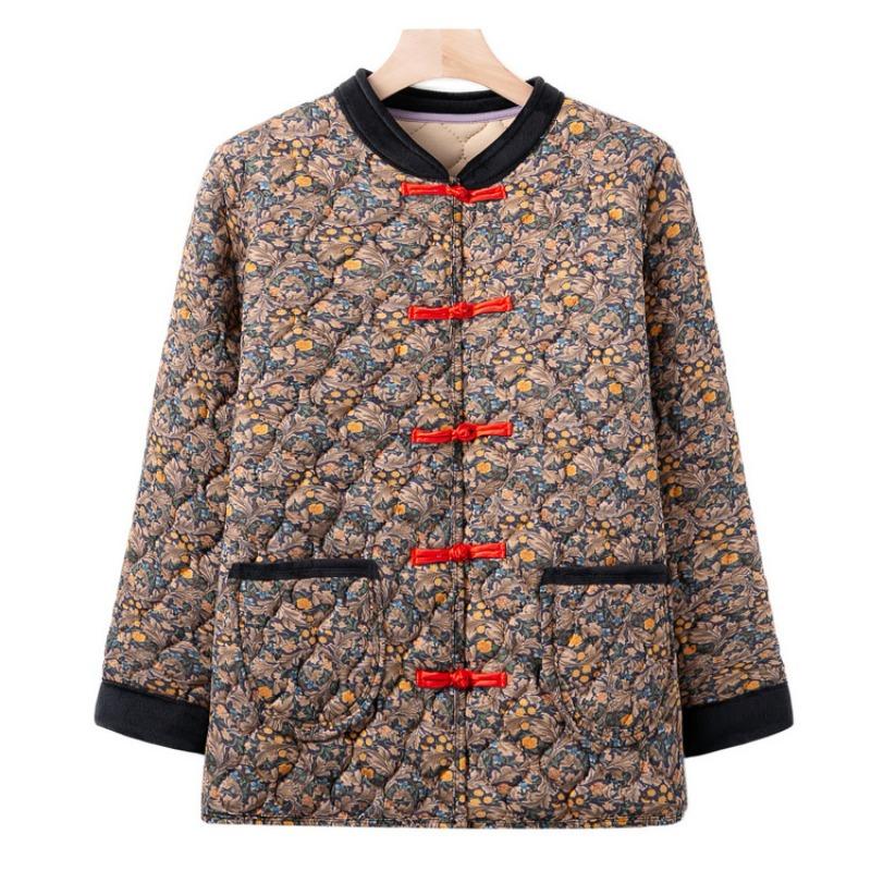 Middle-aged small cotton-padded jacket, winter floral cotton-padded coat, grandma's warm top, year-old 0 mother buckle coat