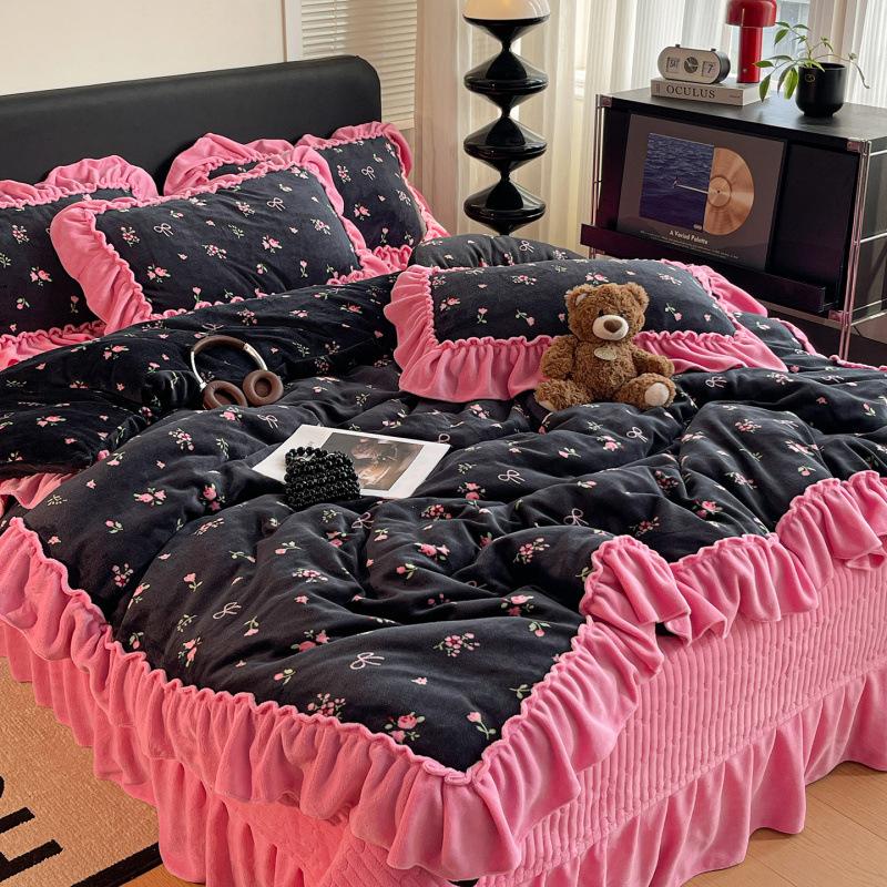 Xiaohongshu Popular Thickened Milk Fleece Bed Cover Bed Skirt Four-Piece Set Farai Fleece Warm Quilt Cover Bed Hat