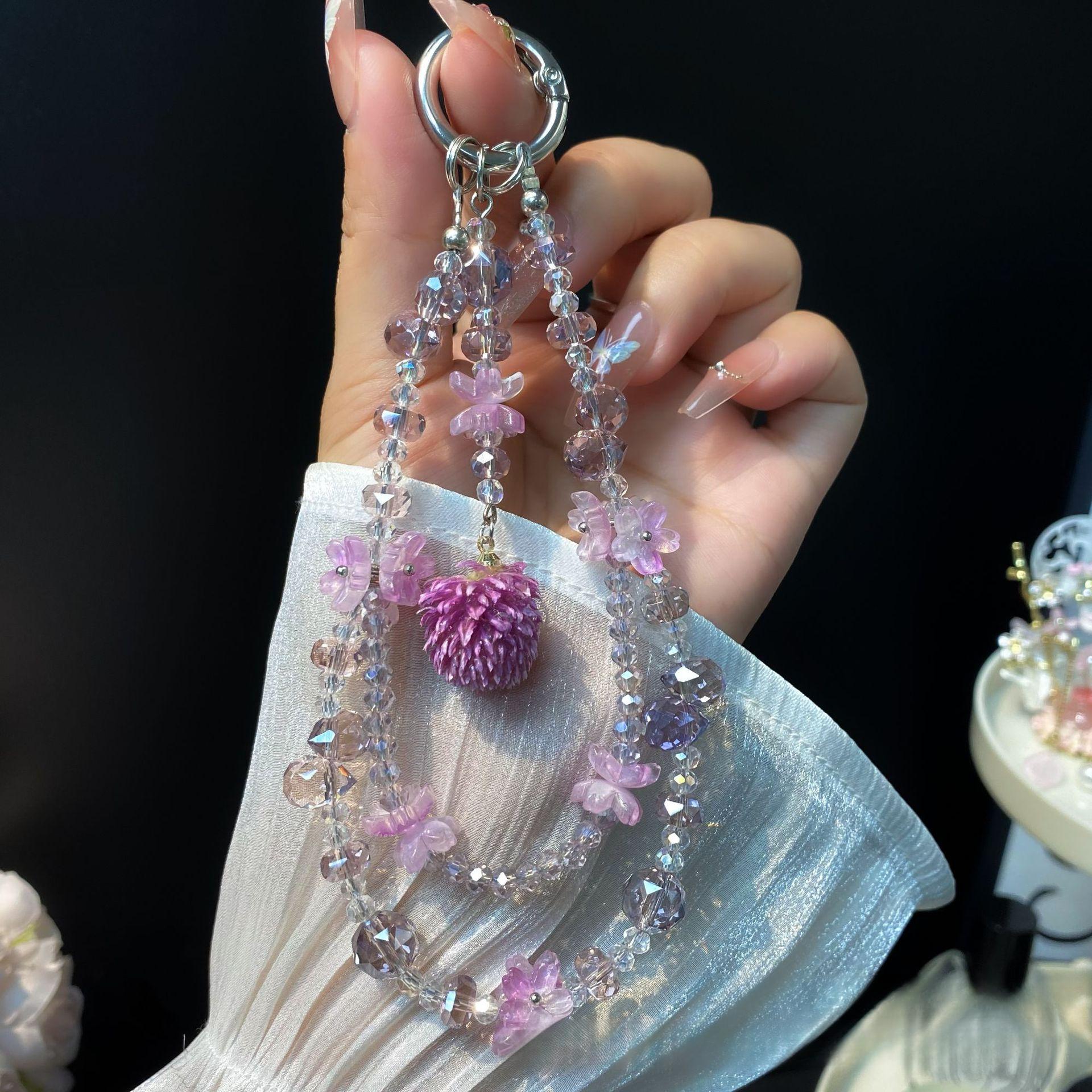 Phone Chain Luxury Crystal Phone Chain Creative Wrist Chain Handmade Beaded Ins Style Accessories Pendant High-End Feel Pink【Lychee Flower】