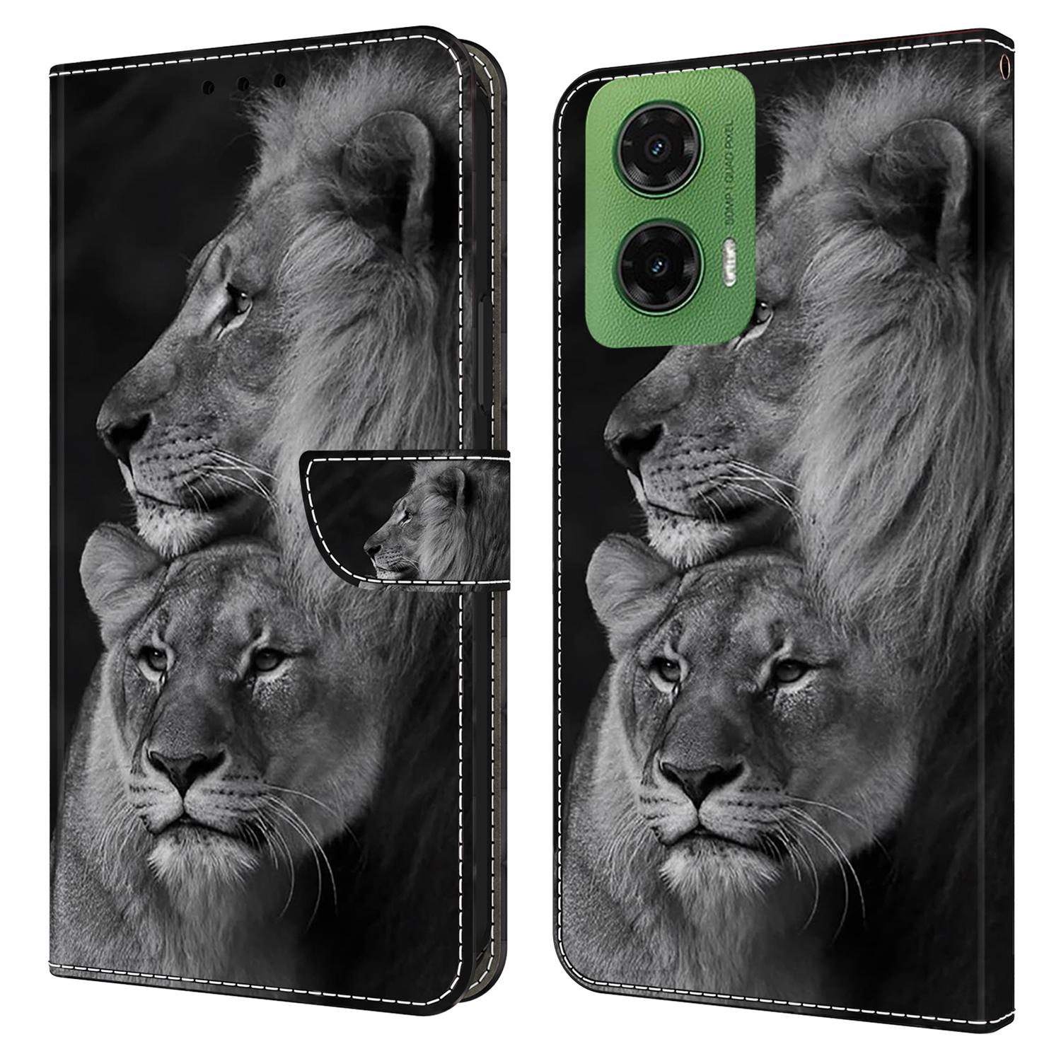 

For Motorola Moto G35 5G Case Magnetic Clasp 3D Pattern Leather Wallet Phone Cover Couple Lions