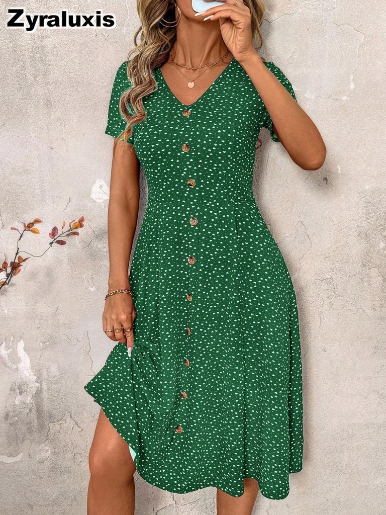 Summer New Fashion Polka Dot Women's Dress Sexy V-Neck Pleated Short Sleeve Floral Dress