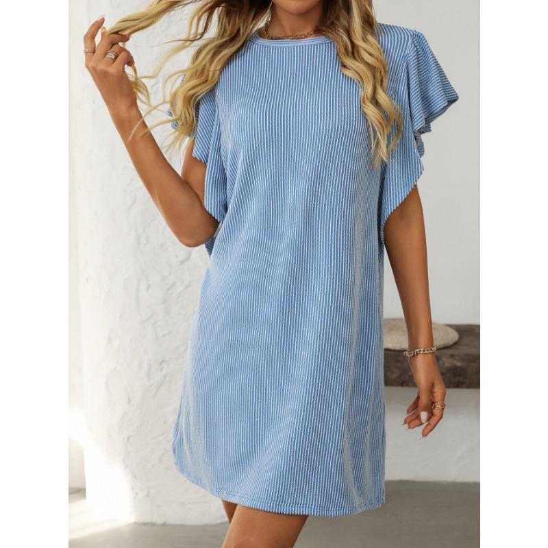 Summer Fashion Ruffled Short Sleeve Elegant Women Dress O Neck Loose Casual Simple A-line Stripes Party Short Dresses New Women's Clothing
