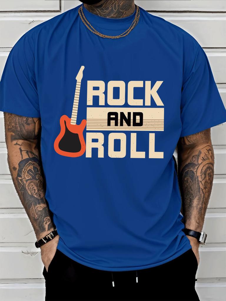 Unisex Blue Tee Retro Rock Roll Electric Guitar Graphic Print Short Sleeve Loose Casual Top For Adult Male Daily Street Wear Outfit