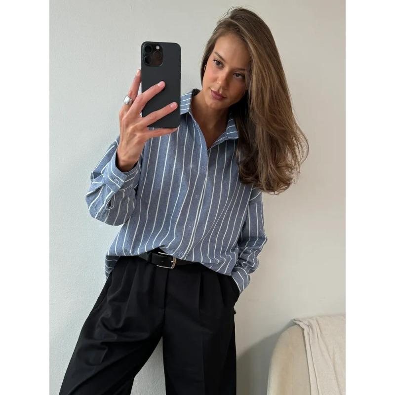 Summer Striped Shirt for Outerwear, Women's Long Sleeved Cardigan