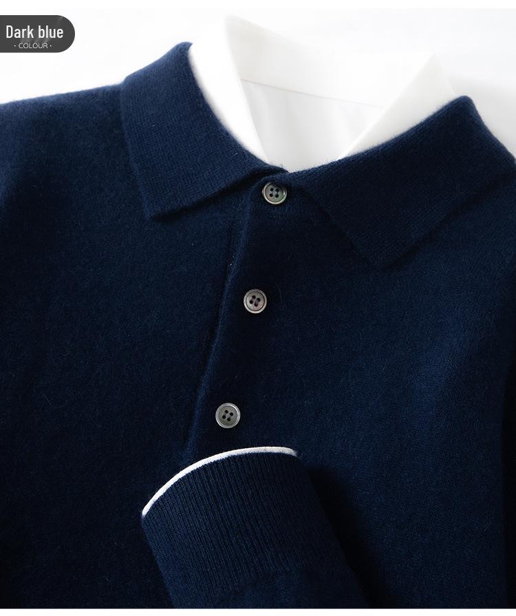 Men's Cashmere Polo Collar Sweater, Solid Color Knitwear, Long Sleeve Button-Up Pullover for Autumn/Winter
