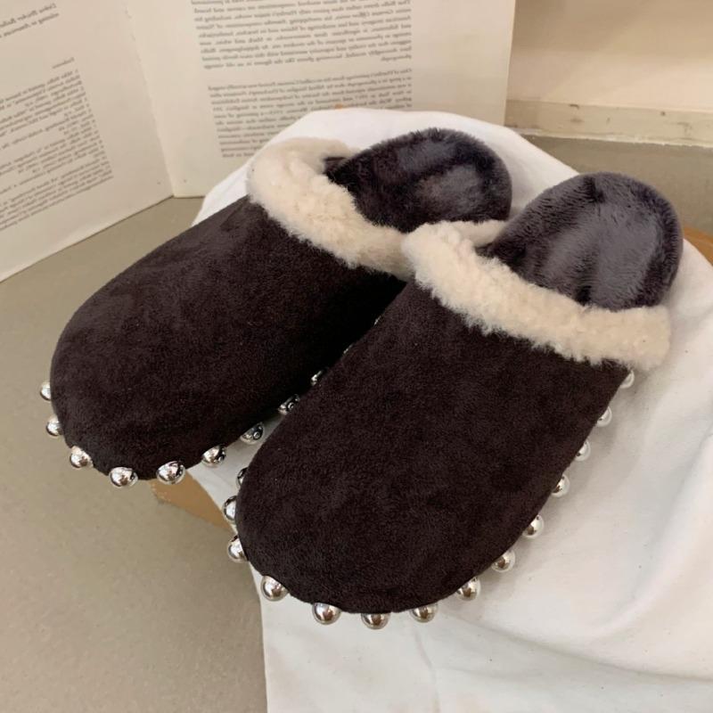 Fashion Fashion String Bead Decorative Slippers for Women High-Quality Faux Suede Designer Shoes Winter Warm Fluffy Home Cotton Slippers