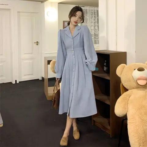 Women's autumn clothing new French suit collar design can be sweet and salty medium and long skirt corduroy dress