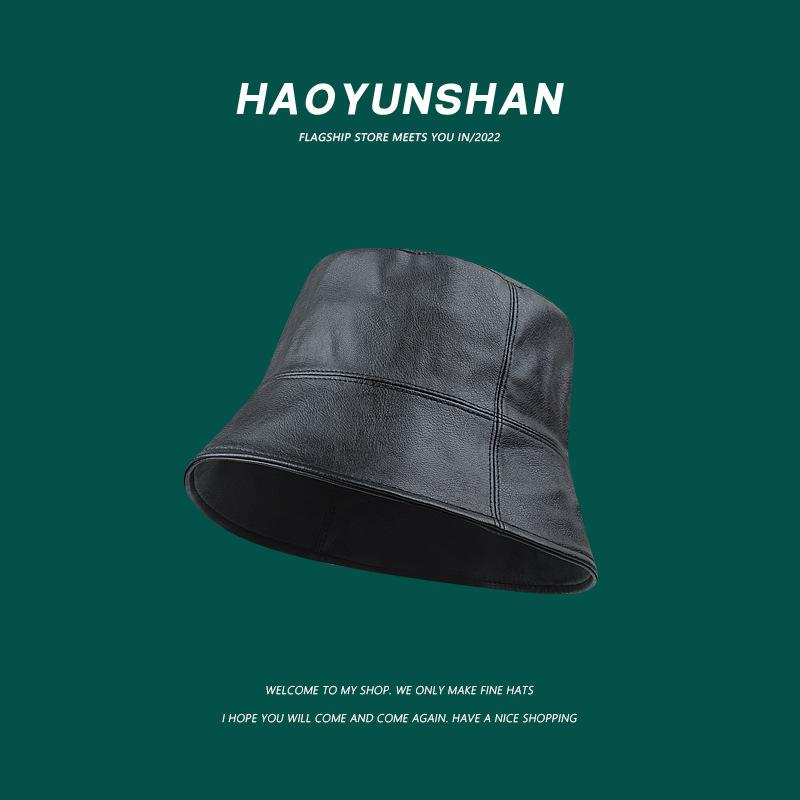 

Japanese-style niche makeup for concealing the face pu Leather bucket hat for men and women, casual and versatile, makes the face look smaller, M（56-58cm） чёрный
