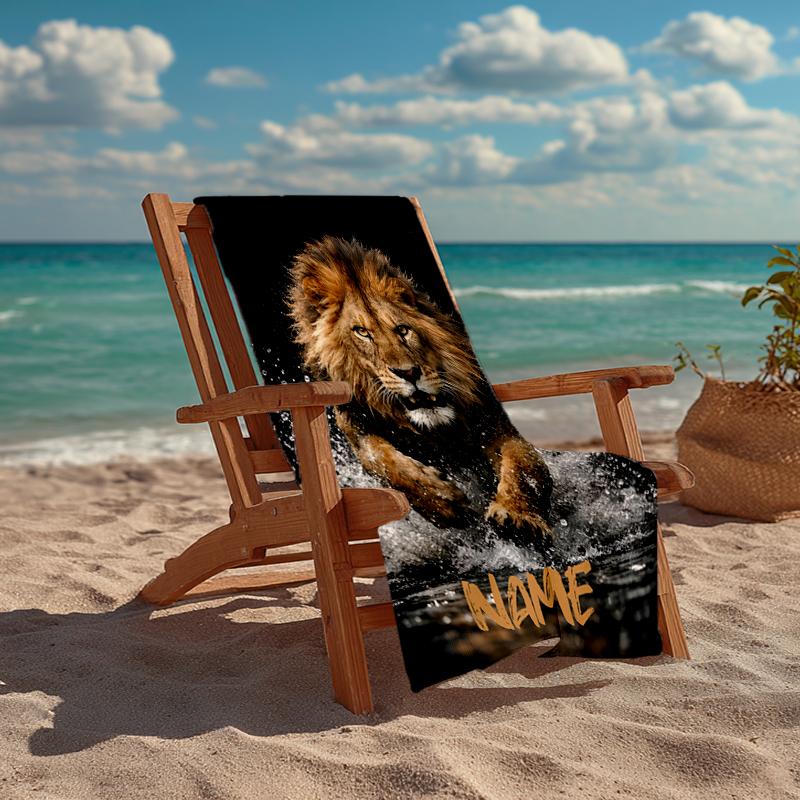 Custom Name Ultra-Soft Beach Towel with Lion Theme,Ideal for Pool - Camping, Diving - Perfect Travel Essential, Vibrant Beach Towel.