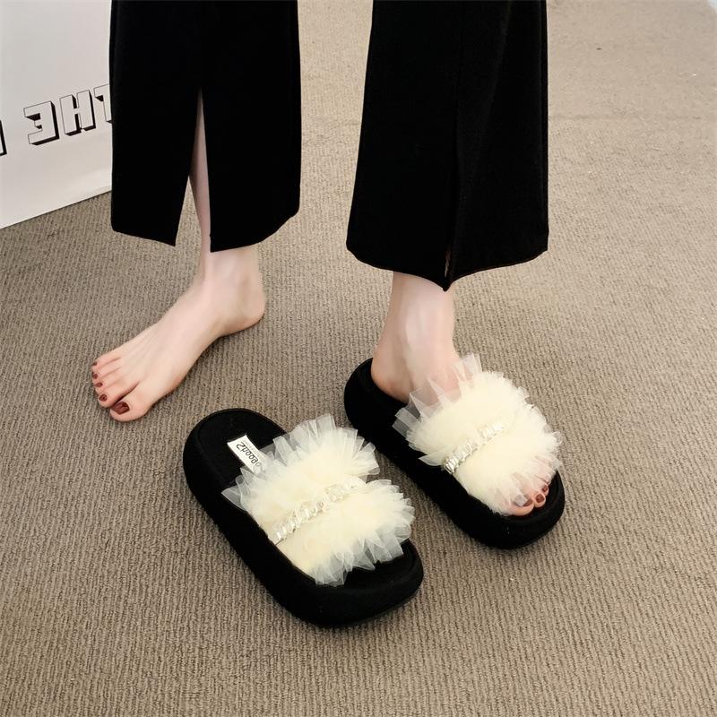Mesh Thick-bottomed Cool Slippers Women's 2025 Summer Casual Fashion Lace Edge Mesh Yarn Wearing Women's Cool Slippers