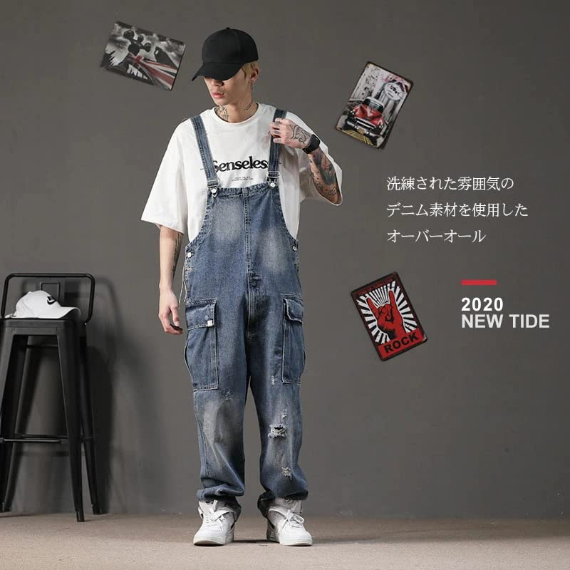 cnstone Straight Loose Cargo Long Unisex Sizes Suitable for Hip American Punk Fashion Men's Overalls, Denim, Fit, Fit, Jumpsuit, Pants, Pants, M, L,