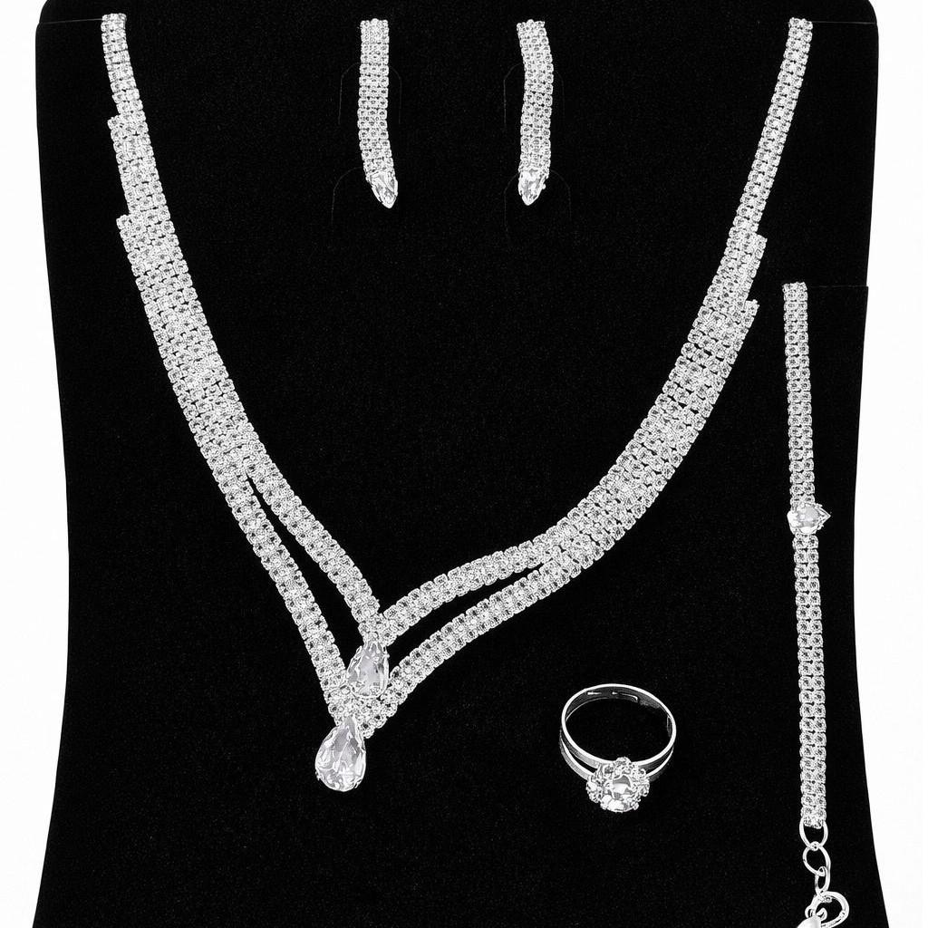 

Set New European And American Style Jewelry Bridal Wedding Ladies Four-Piece Set Exaggerated Item Jewelry Rhinestone Collarbone Chain серебряный