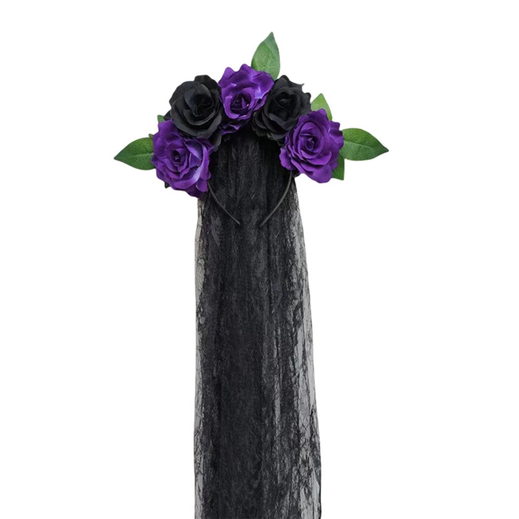 Halloween Gothic Flower Garland With Black Veils Hairband Cosplay Wedding Headpiece Costume Headwear Accessory