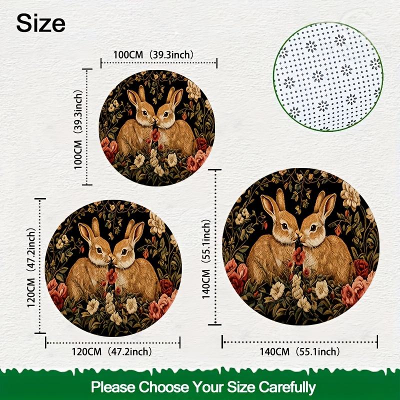 1Pcs Retro Oil Painting Style Bunny Round Carpet Soft Non-Slip Area Rug Colorful Floral Mat for Bedroom Entryway Decor