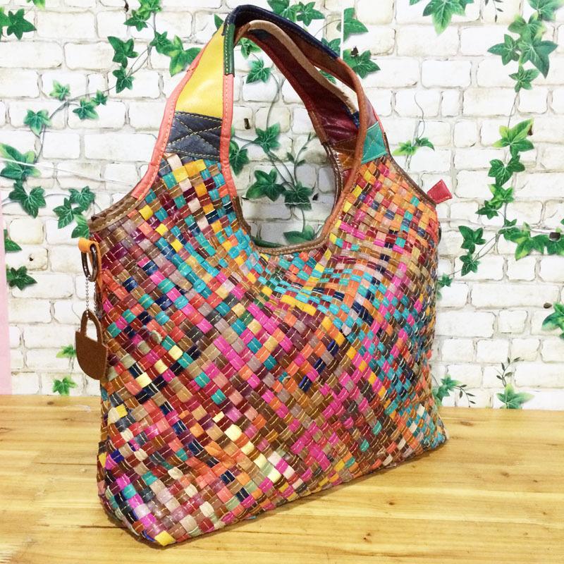 Genuine Leather Cowhide Bag, Colorful Striped Woven Bag, Portable Shoulder Messenger Women'S Bag, Straw Woven Women'S Bag