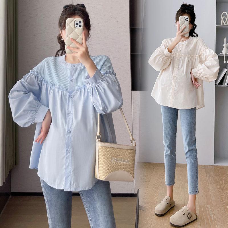 Elegant 2026 Spring/Summer Versatile Maternity Korean Patchwork Loose Doll Shirt Top 2XL