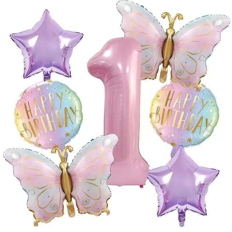 7 Pcs Pink Butterfly Balloon Set With 40 inch Number Baby Shower Helium Gradient Balloons Birthday Party Wedding Globos decor