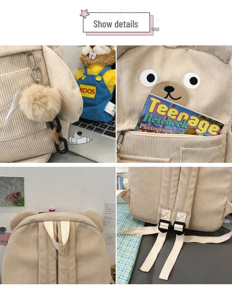 Japoński tornister uroczy sztruksowy plecak dla dziewcząt - styl koreański, duża pojemność, idealny dla uczennic szkół podstawowych i średnich