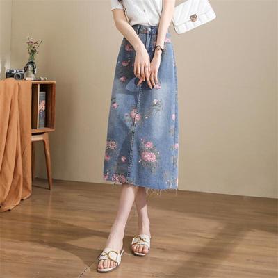 TERRE BLEUE Slanke Hoge Taille A-lijn Denim Midi Rok