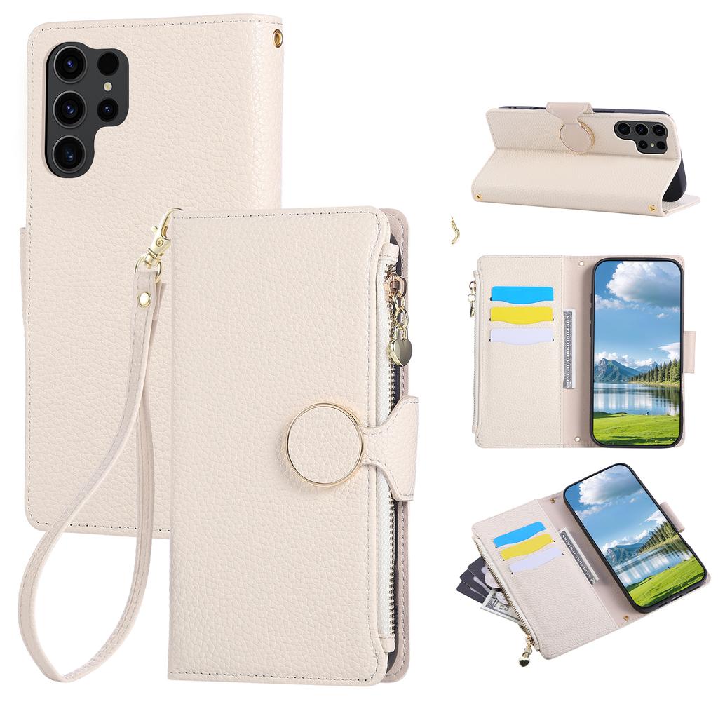 For Samsung Galaxy S24 Ultra Case Zipper Wallet Leather Phone Cover with Wrist Strap