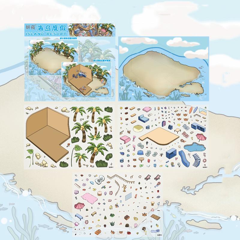 Übergröße Kawaii 3D Inselurlaub Apokalypse Krankenhaus Miniatur-Szenen Aufkleber DIY Scrapbook Stapelbare Landschaftsaufkleber