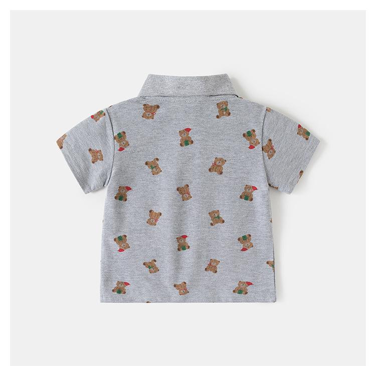 Boys Short Sleeve Polo Shirt with Bear Print Summer New 2026 Toddler Kids Casual Tops Button Down Collar