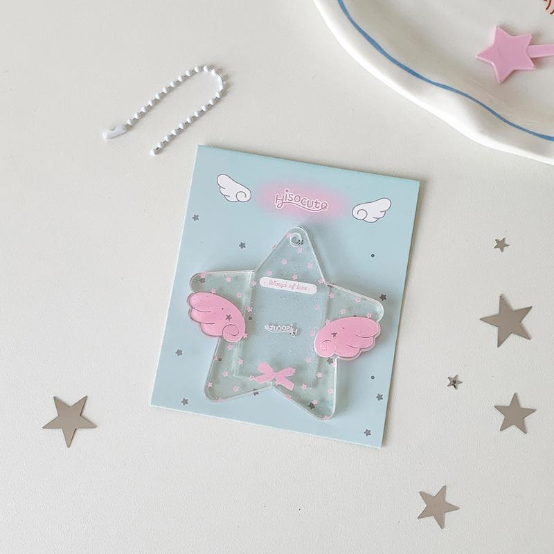 Kawaii Star Wing Acrylic Photocard Holder Keychain, Cute Glitter Kpop Idol Photo Sleeve Pendant for Collectibles