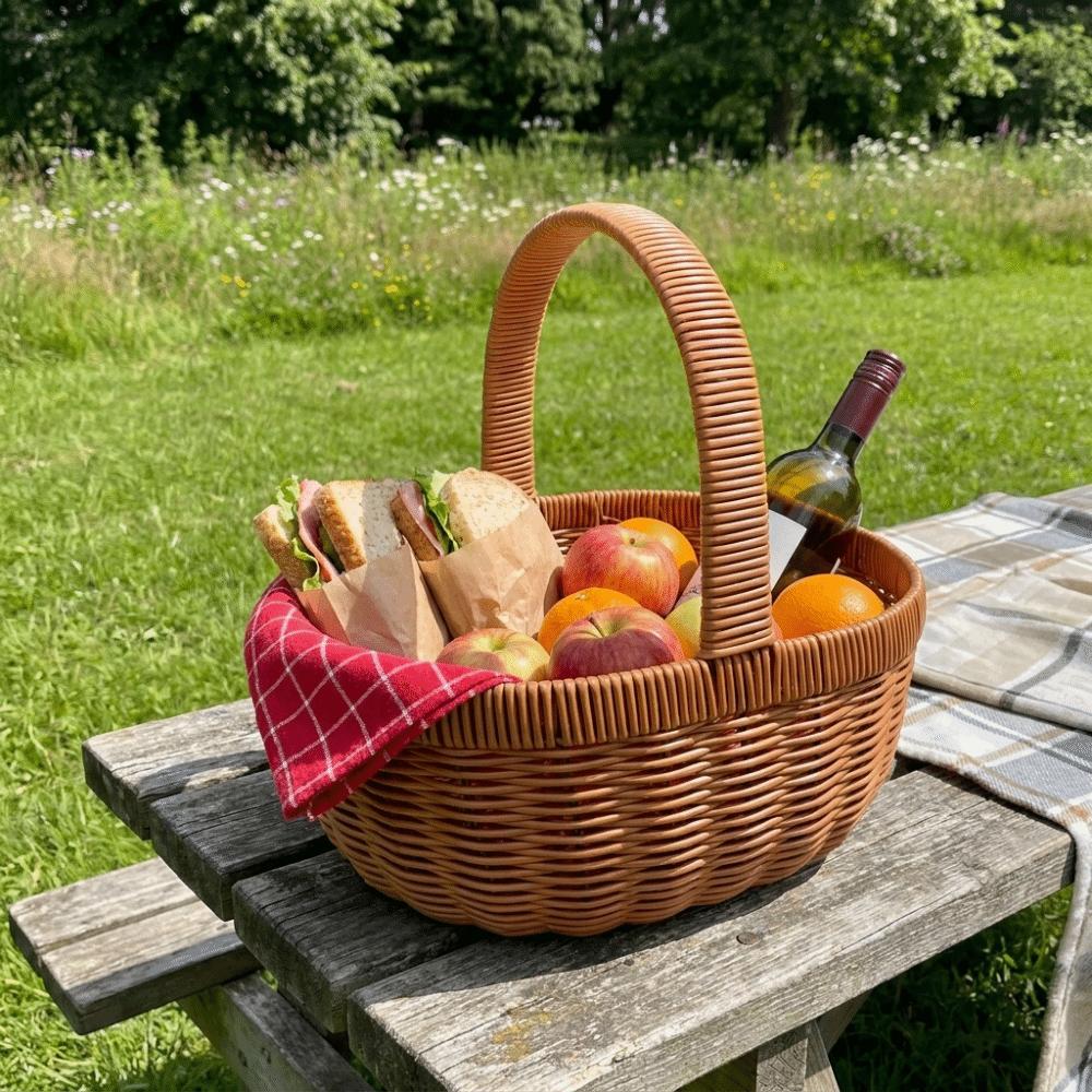 Multi-function Large Capacity Imitation Rattan Basket Handwoven Round Fruit Basket Rustic with Handle Storage Basket Picnic Use