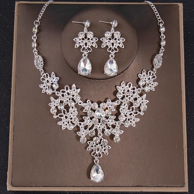 Fashion Crystal Tiaras Crowns Bride Wedding Jewelry Set Rhinestone Crown Necklace Earring For Women Accessories Diadem Headdress