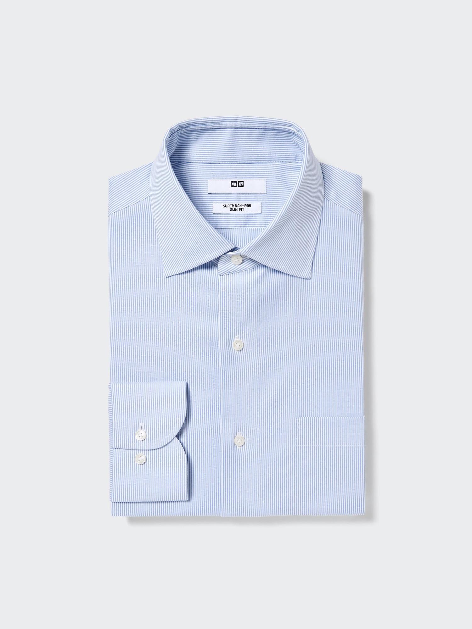 Uniqlo Япония Супер Негладящаяся Полосатая Приталенная Рубашка Полуширокий Воротник Длинные Рукава 63 BLUE/XS