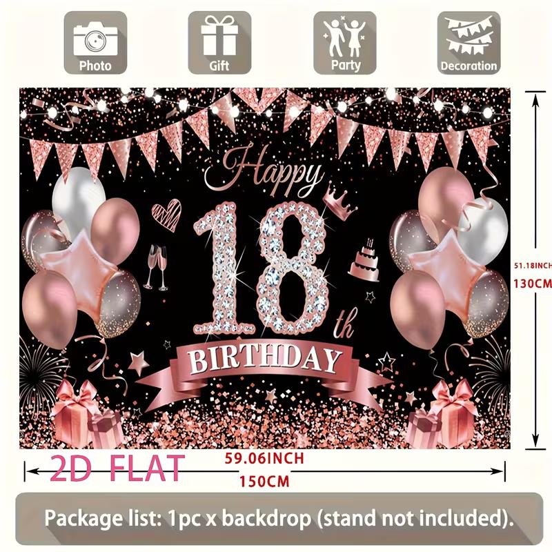2D Elegant Black Rose Gold 18th Happy Birthday Photography Backdrop