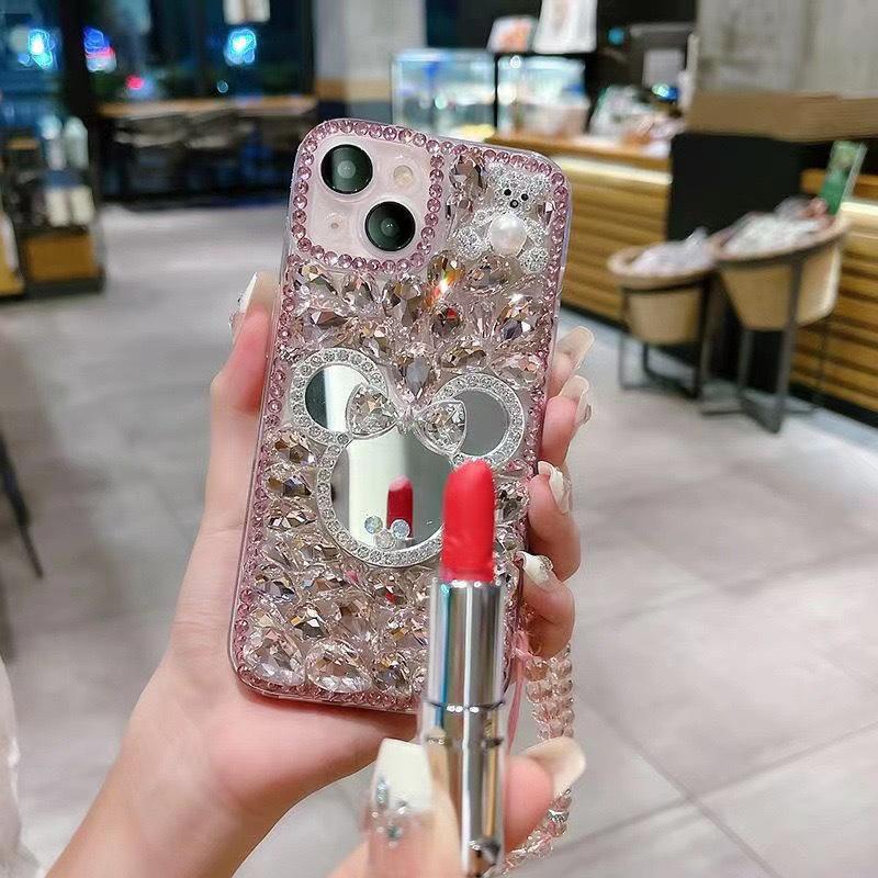 Applicable Apple 17Promax Luxury Rhinestone Mickey Mouse Mirror Mobile Phone Case Iphone15 Bear 14 Hand Chain