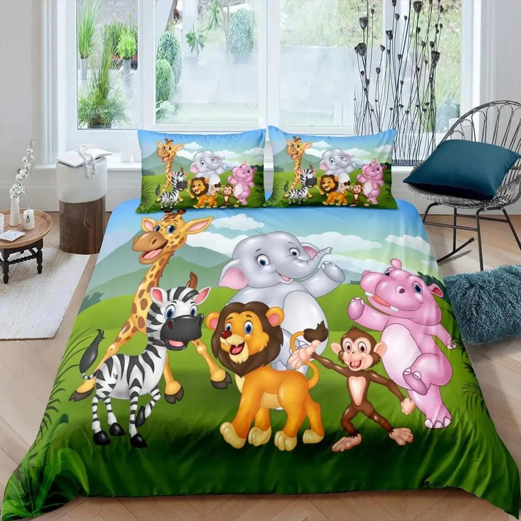 Cartoon Safari Animal Duvet Cover Set Giraffe Lemur Rhino Lion Bedding Set Elephant Camel Snake Hippo Zoo Jungle Comforter Cover