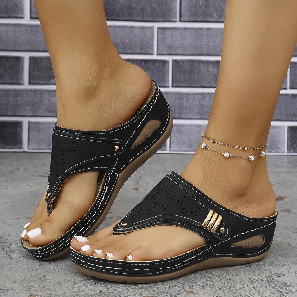 Large size women's shoes casual women's slippers new flat bottom thick bottom toe wedge heel comfortable solid color sandals women