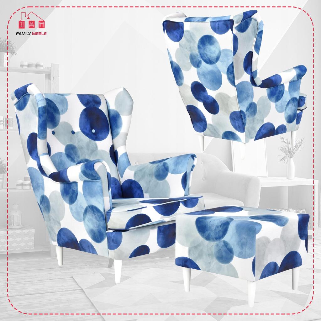 ARI PRINT Wing Chair with Footrest, Scandinavian Family Meble Blue Pas