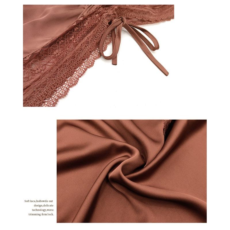 Women's New Sexy Jumpsuit Deep V Backless Trousers Leg Open Simulation Silk Halter Lace Pajamas Jumpsuit